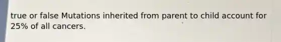 true or false Mutations inherited from parent to child account for 25% of all cancers.