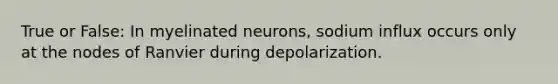 True or False: In myelinated neurons, sodium influx occurs only at the nodes of Ranvier during depolarization.