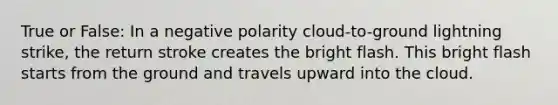 True or False: In a negative polarity cloud-to-ground lightning strike, the return stroke creates the bright flash. This bright flash starts from the ground and travels upward into the cloud.