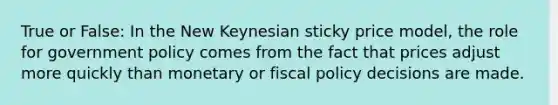 True or False: In the New Keynesian sticky price model, the role for government policy comes from the fact that prices adjust more quickly than monetary or fiscal policy decisions are made.