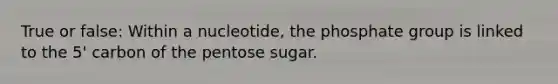 True or false: Within a nucleotide, the phosphate group is linked to the 5' carbon of the pentose sugar.