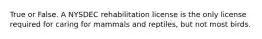 True or False. A NYSDEC rehabilitation license is the only license required for caring for mammals and reptiles, but not most birds.