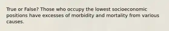 True or False? Those who occupy the lowest socioeconomic positions have excesses of morbidity and mortality from various causes.