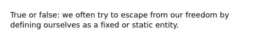 True or false: we often try to escape from our freedom by defining ourselves as a fixed or static entity.