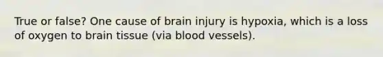 True or false? One cause of brain injury is hypoxia, which is a loss of oxygen to brain tissue (via blood vessels).