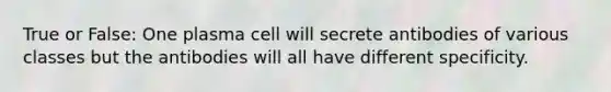 True or False: One plasma cell will secrete antibodies of various classes but the antibodies will all have different specificity.
