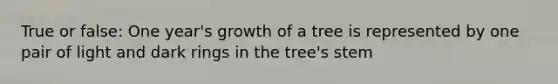 True or false: One year's growth of a tree is represented by one pair of light and dark rings in the tree's stem