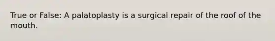 True or False: A palatoplasty is a surgical repair of the roof of the mouth.