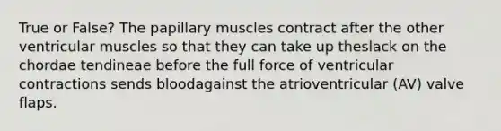 True or False? The papillary muscles contract after the other ventricular muscles so that they can take up theslack on the chordae tendineae before the full force of ventricular contractions sends bloodagainst the atrioventricular (AV) valve flaps.