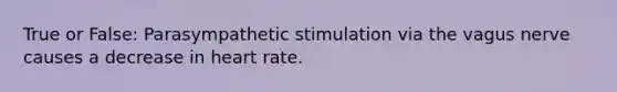 True or False: Parasympathetic stimulation via the vagus nerve causes a decrease in heart rate.