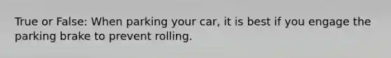 True or False: When parking your car, it is best if you engage the parking brake to prevent rolling.