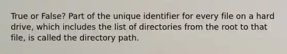 True or False? Part of the unique identifier for every file on a hard drive, which includes the list of directories from the root to that file, is called the directory path.