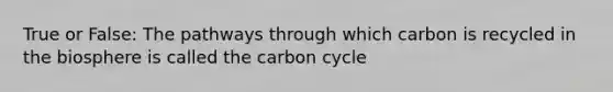 True or False: The pathways through which carbon is recycled in the biosphere is called <a href='https://www.questionai.com/knowledge/kMvxsmmBPd-the-carbon-cycle' class='anchor-knowledge'>the carbon cycle</a>