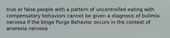 true or false people with a pattern of uncontrolled eating with compensatory behaviors cannot be given a diagnosis of bulimia nervosa if the binge Purge Behavior occurs in the context of anorexia nervosa