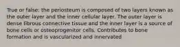 True or false: the periosteum is composed of two layers known as the outer layer and the inner cellular layer. The outer layer is dense fibrous connective tissue and the inner layer is a source of bone cells or osteoprogenitor cells. Contributes to bone formation and is vascularized and innervated