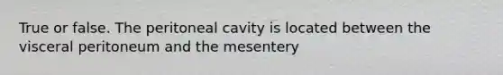 True or false. The peritoneal cavity is located between the visceral peritoneum and the mesentery