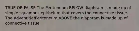 TRUE OR FALSE The Peritoneum BELOW diaphram is made up of simple squamous epithelum that covers the connective tissue... The Adventitia/Peritoneum ABOVE the diaphram is made up of connective tissue