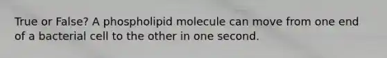 True or False? A phospholipid molecule can move from one end of a bacterial cell to the other in one second.