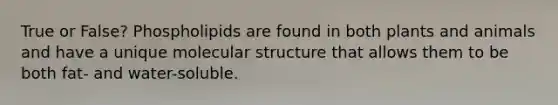 True or False? Phospholipids are found in both plants and animals and have a unique molecular structure that allows them to be both fat- and water-soluble.