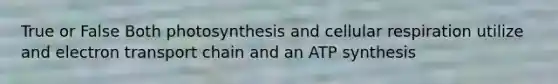 True or False Both photosynthesis and <a href='https://www.questionai.com/knowledge/k1IqNYBAJw-cellular-respiration' class='anchor-knowledge'>cellular respiration</a> utilize and electron transport chain and an <a href='https://www.questionai.com/knowledge/kx3XpCJrFz-atp-synthesis' class='anchor-knowledge'>atp synthesis</a>