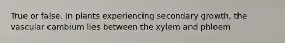 True or false. In plants experiencing secondary growth, the vascular cambium lies between the xylem and phloem