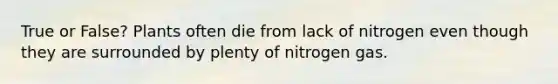 True or False? Plants often die from lack of nitrogen even though they are surrounded by plenty of nitrogen gas.