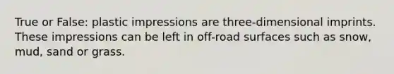 True or False: plastic impressions are three-dimensional imprints. These impressions can be left in off-road surfaces such as snow, mud, sand or grass.