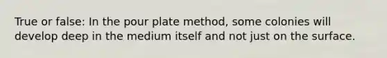 True or false: In the pour plate method, some colonies will develop deep in the medium itself and not just on the surface.