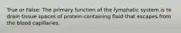 True or False: The primary function of the lymphatic system is to drain tissue spaces of protein-containing fluid that escapes from the blood capillaries.