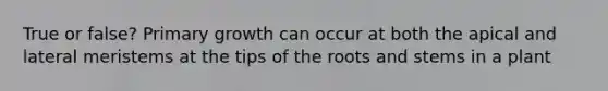 True or false? Primary growth can occur at both the apical and lateral meristems at the tips of the roots and stems in a plant