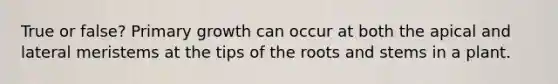 True or false? Primary growth can occur at both the apical and lateral meristems at the tips of the roots and stems in a plant.