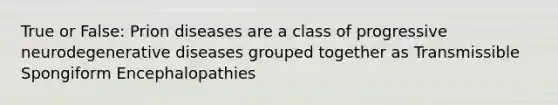 True or False: Prion diseases are a class of progressive neurodegenerative diseases grouped together as Transmissible Spongiform Encephalopathies