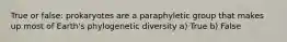 True or false: prokaryotes are a paraphyletic group that makes up most of Earth's phylogenetic diversity a) True b) False