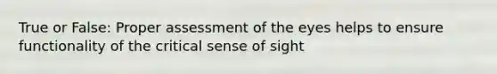 True or False: Proper assessment of the eyes helps to ensure functionality of the critical sense of sight