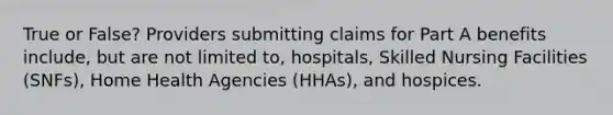 True or False? Providers submitting claims for Part A benefits include, but are not limited to, hospitals, Skilled Nursing Facilities (SNFs), Home Health Agencies (HHAs), and hospices.