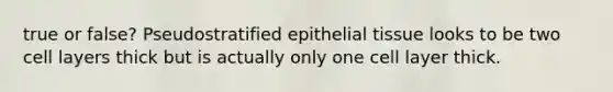 true or false? Pseudostratified epithelial tissue looks to be two cell layers thick but is actually only one cell layer thick.