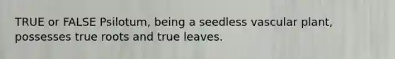 TRUE or FALSE Psilotum, being a seedless vascular plant, possesses true roots and true leaves.