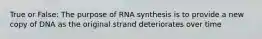 True or False: The purpose of RNA synthesis is to provide a new copy of DNA as the original strand deteriorates over time