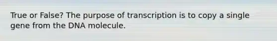 True or False? The purpose of transcription is to copy a single gene from the DNA molecule.