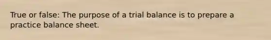 True or false: The purpose of a trial balance is to prepare a practice balance sheet.