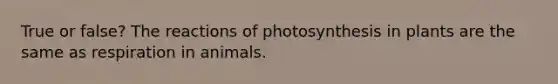 True or false? The reactions of photosynthesis in plants are the same as respiration in animals.