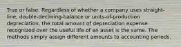 True or false: Regardless of whether a company uses straight-line, double-declining-balance or units-of-production depreciation, the total amount of depreciation expense recognized over the useful life of an asset is the same. The methods simply assign different amounts to accounting periods.