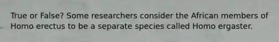 True or False? Some researchers consider the African members of Homo erectus to be a separate species called Homo ergaster.