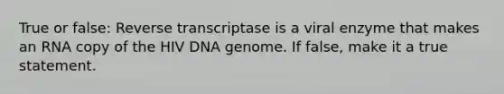 True or false: Reverse transcriptase is a viral enzyme that makes an RNA copy of the HIV DNA genome. If false, make it a true statement.