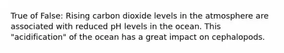 True of False: Rising carbon dioxide levels in the atmosphere are associated with reduced pH levels in the ocean. This "acidification" of the ocean has a great impact on cephalopods.