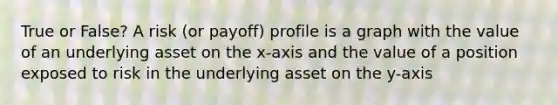 True or False? A risk (or payoff) profile is a graph with the value of an underlying asset on the x-axis and the value of a position exposed to risk in the underlying asset on the y-axis