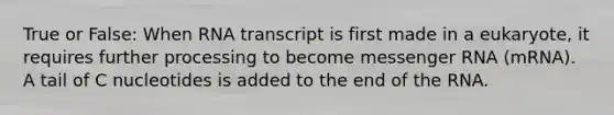 True or False: When RNA transcript is first made in a eukaryote, it requires further processing to become messenger RNA (mRNA). A tail of C nucleotides is added to the end of the RNA.