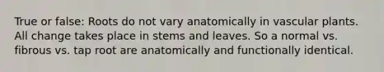 True or false: Roots do not vary anatomically in vascular plants. All change takes place in stems and leaves. So a normal vs. fibrous vs. tap root are anatomically and functionally identical.