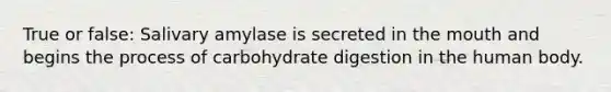 True or false: Salivary amylase is secreted in the mouth and begins the process of carbohydrate digestion in the human body.