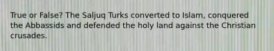 True or False? The Saljuq Turks converted to Islam, conquered the Abbassids and defended the holy land against the Christian crusades.